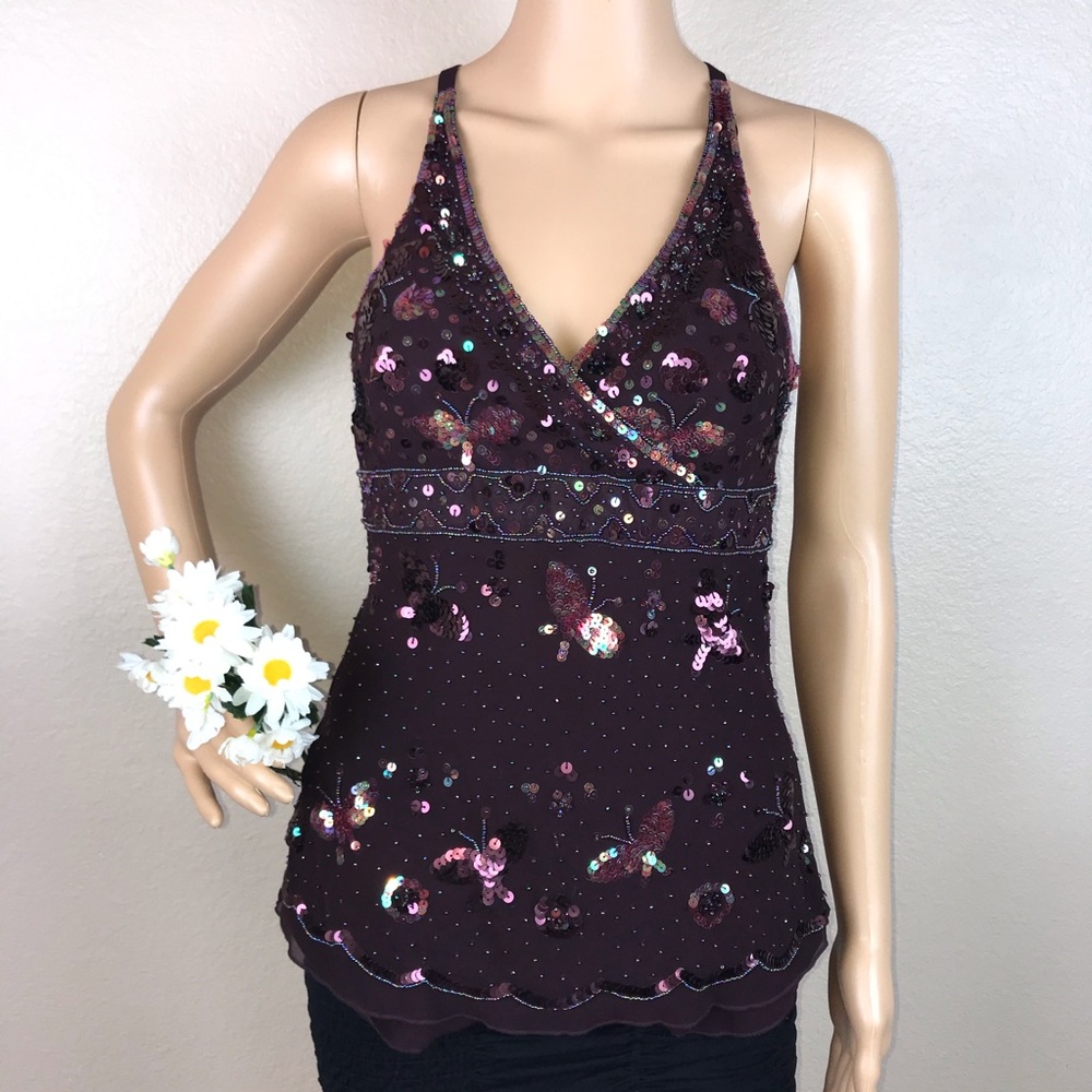 NEW Bebe Beaded Sequin Embellished Silk Cami Tank - Picture 2 of 6